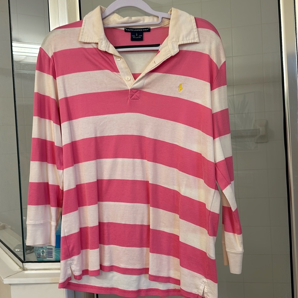 Ralph Lauren Golf Pink and White Striped Mid Sleeve Women’s Shirt
